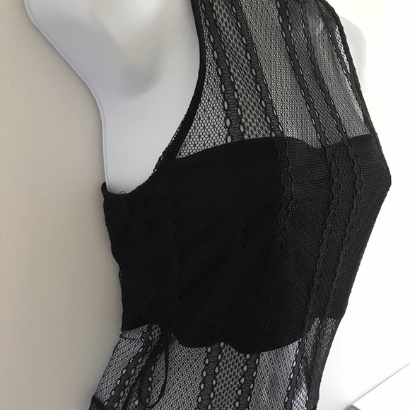Dynamite Lace Sheer Choker Mock Neck Black Sleeveless Top with Camisole Tube Top - Picture 4 of 16